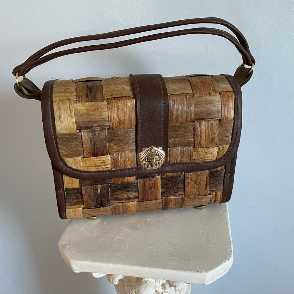Woven Wood & Leather Brown Vintage Purse with  Burlap Linen Lining EUC